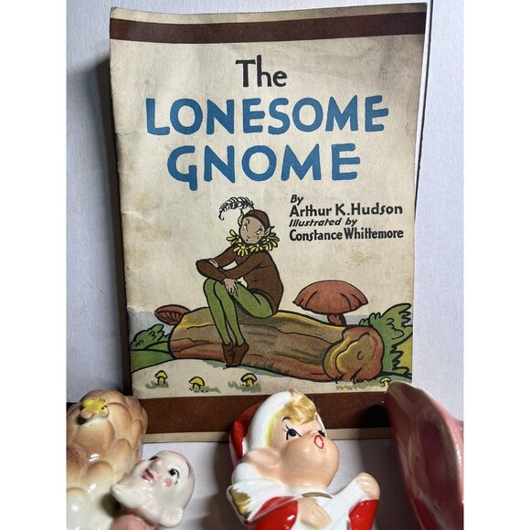 6 1950’s Japan ENESCO? PIXIE ELF FIGURINE Lot CERAMIC ELVES, Gnomes, Vase, 3”-5” - Picture 5 of 6